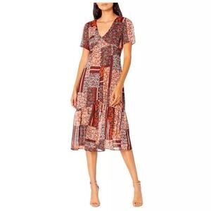 Patchwork Floral Prairie Dress Boho Cottagecore Midi Ruffle Hem Button Front 10